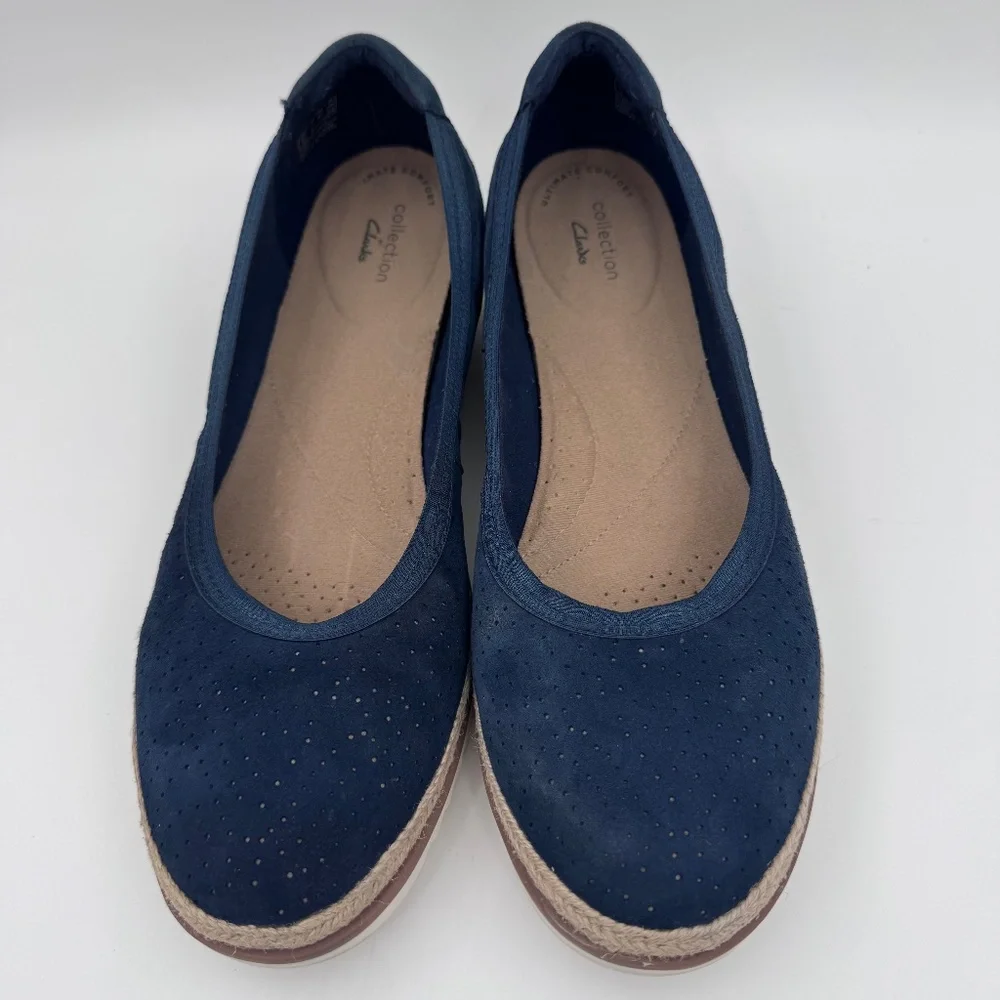 Clarks Collection Mira Tide Navy Blue Suede Espadrille Loafers Flats Women 10M